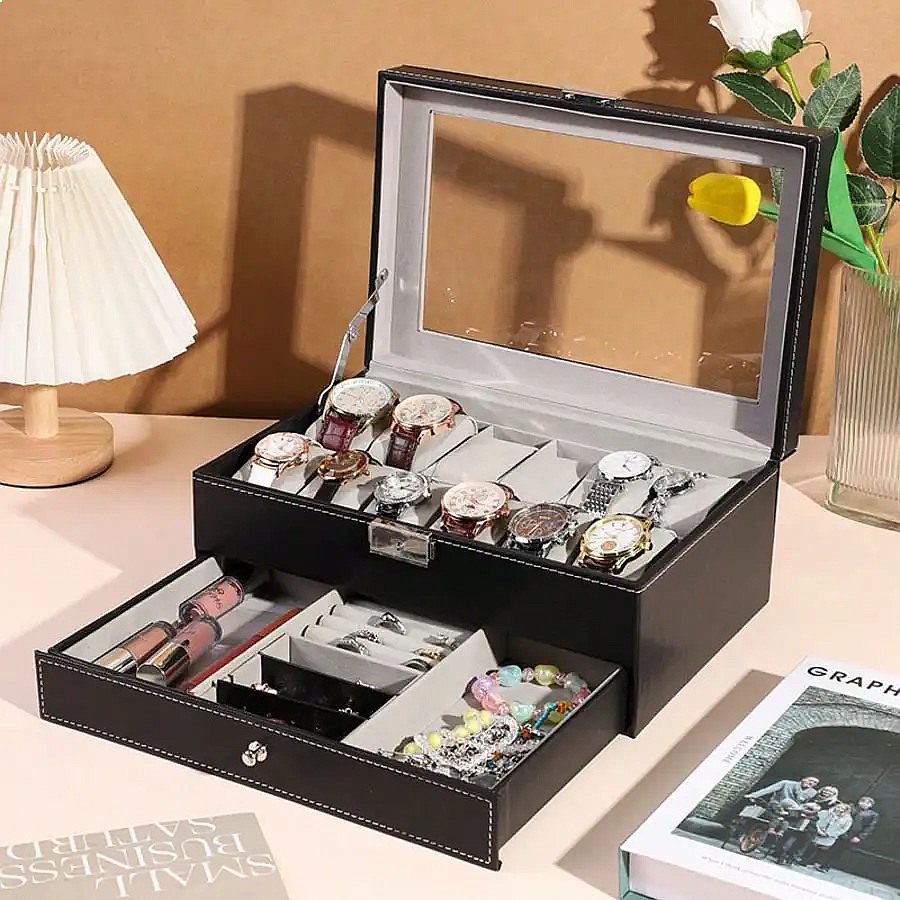 12-Slot Watch Box with Drawer, - Watch Display Box recension och pris