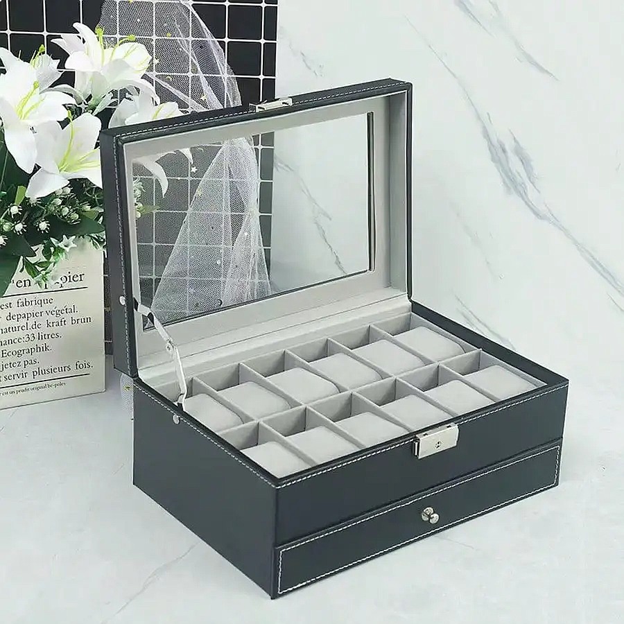 12-Slot Watch Box with Drawer, - Watch Display Box recension och pris